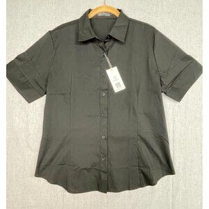 Punnow Women's Black Button Up Collared Shirt, Short Sleeve, Size XL